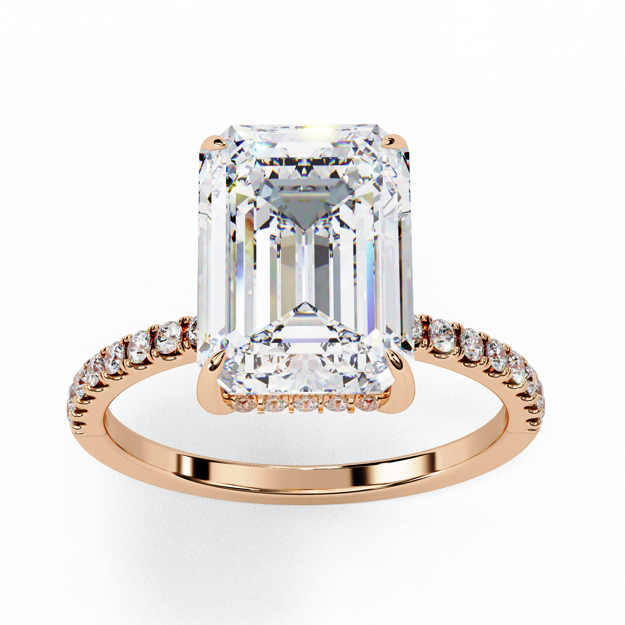 Emerald-Cut Diamond Ring with Hidden Halo and Side Diamonds