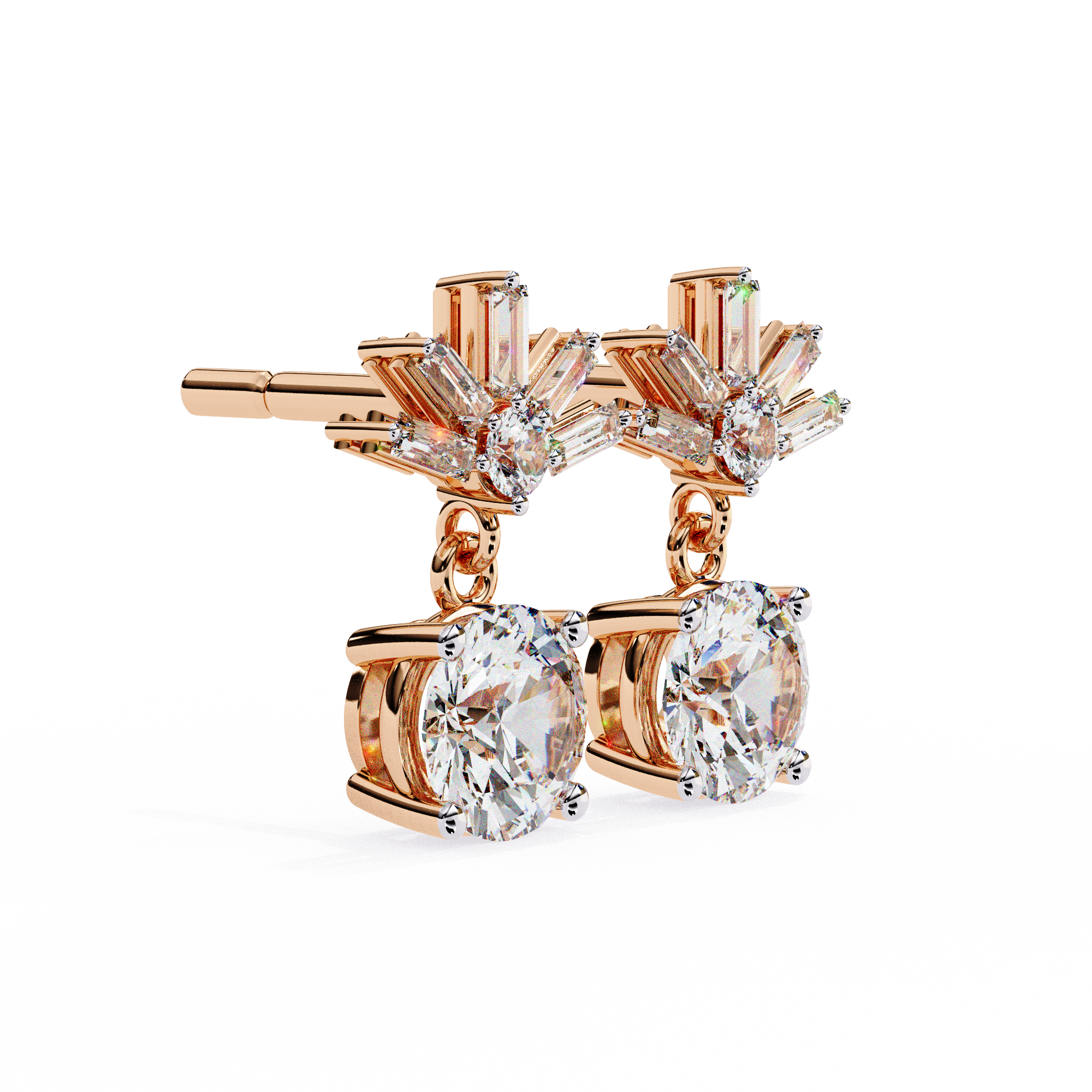 Baguette Accented Round Lab Grown Diamond Drop Earrings