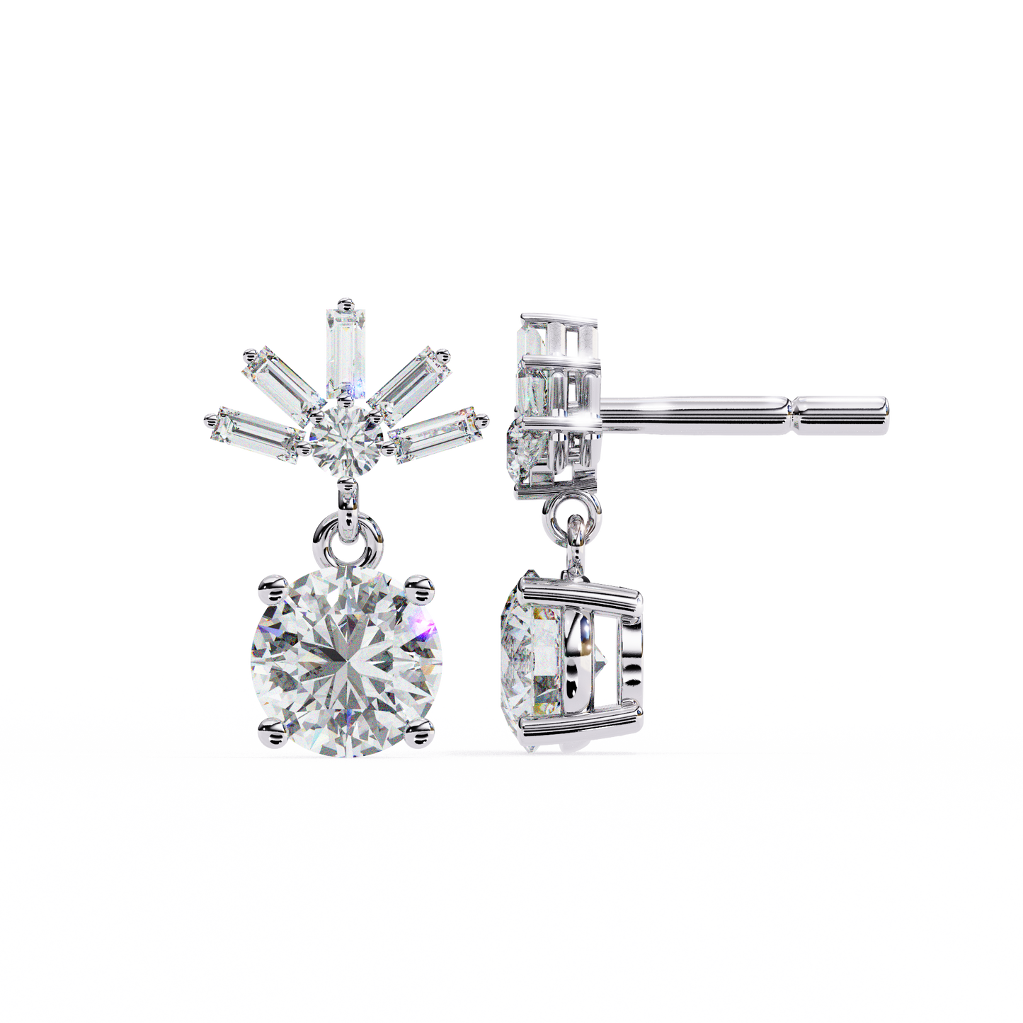 Baguette Accented Round Lab Grown Diamond Drop Earrings