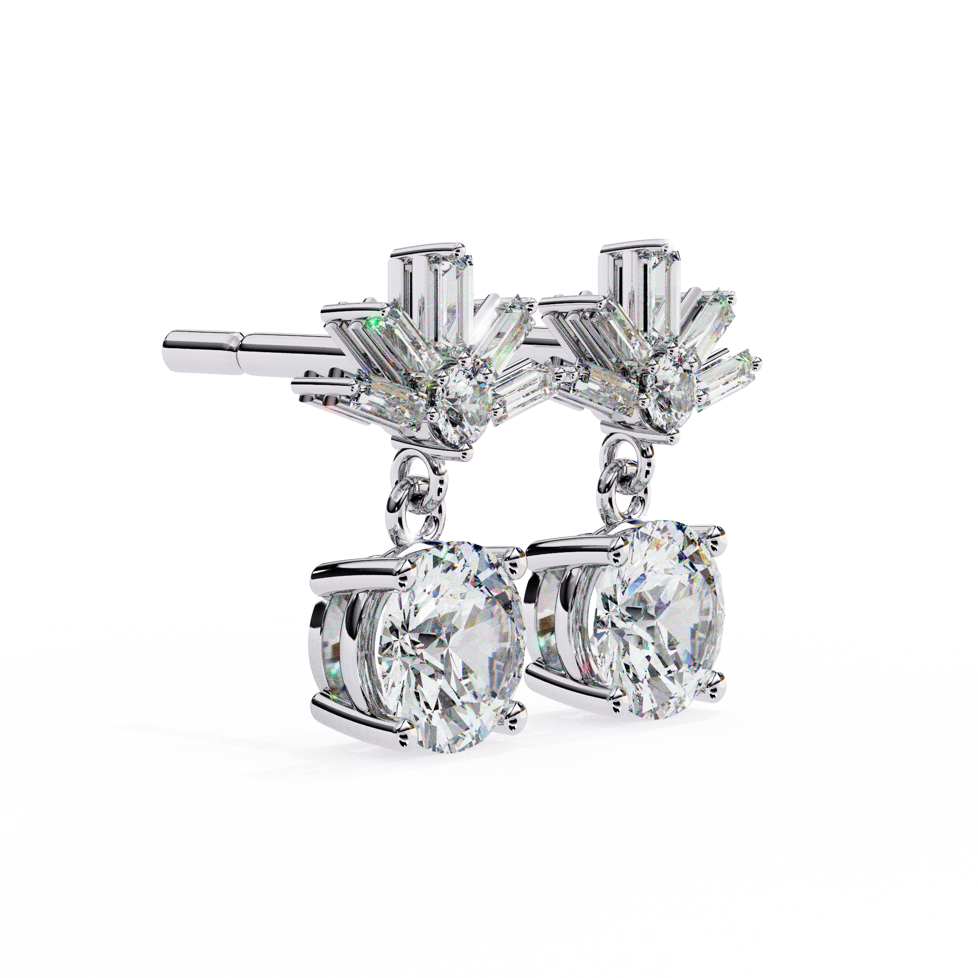 Baguette Accented Round Lab Grown Diamond Drop Earrings