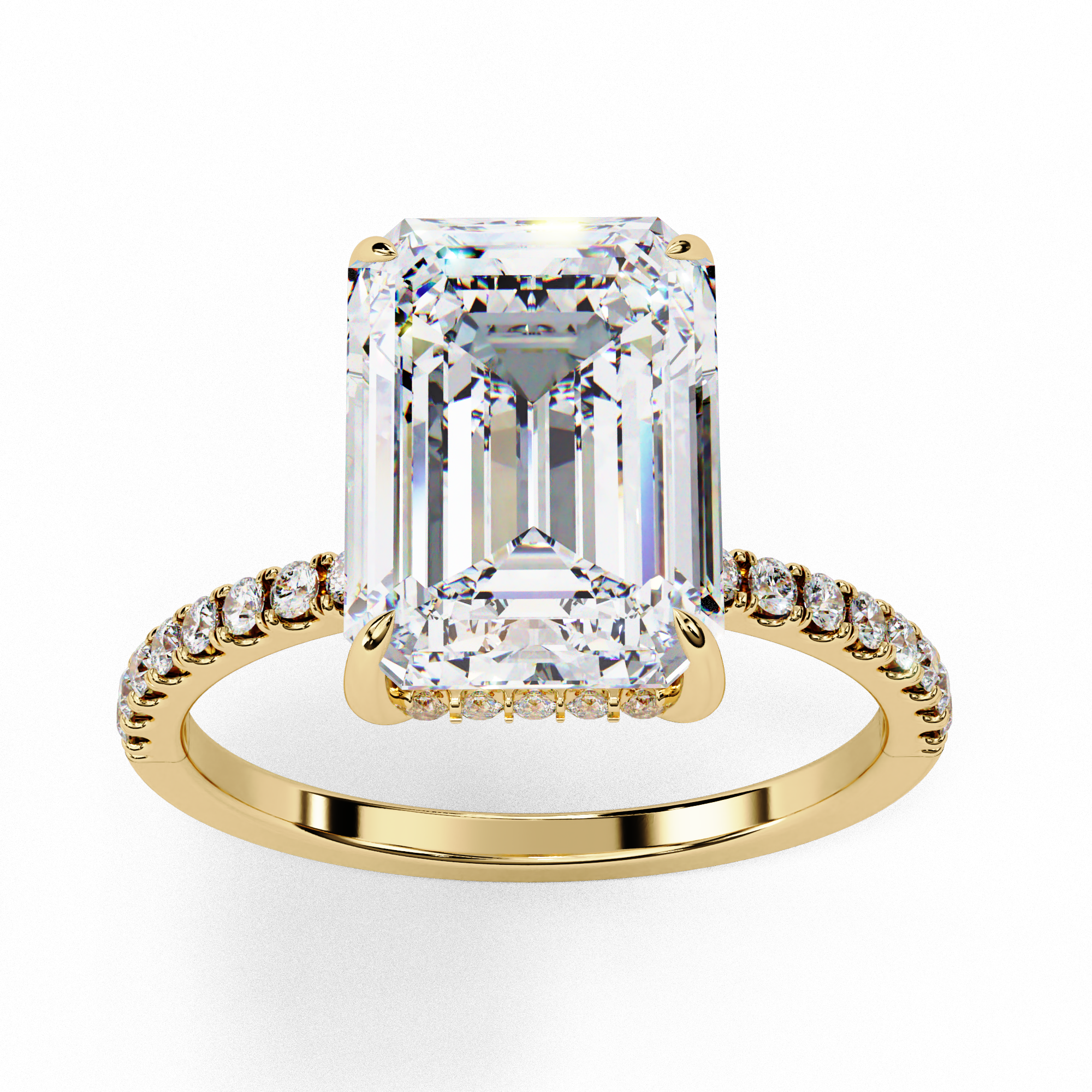 Emerald-Cut Diamond Ring with Hidden Halo and Side Diamonds