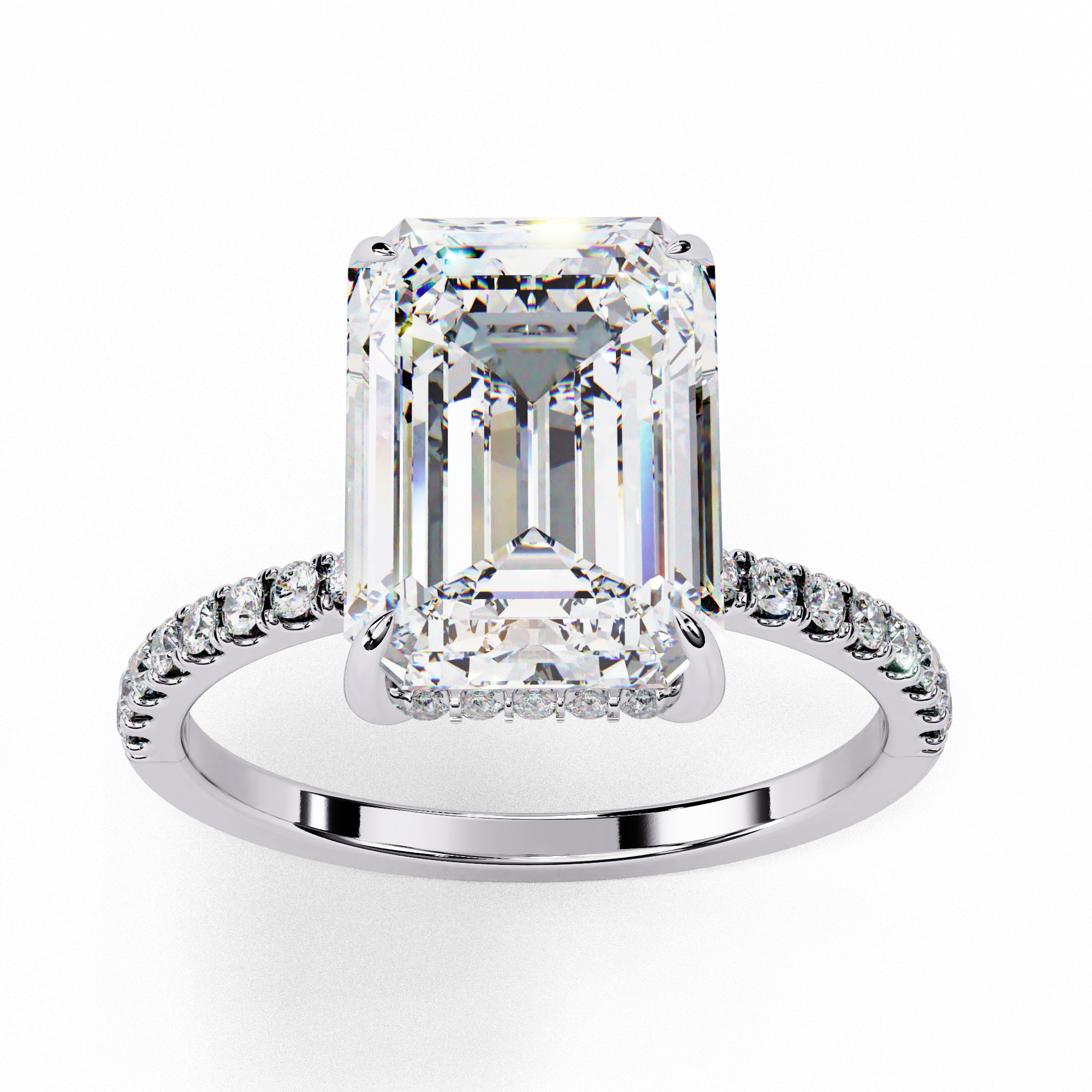 Emerald-Cut Diamond Ring with Hidden Halo and Side Diamonds