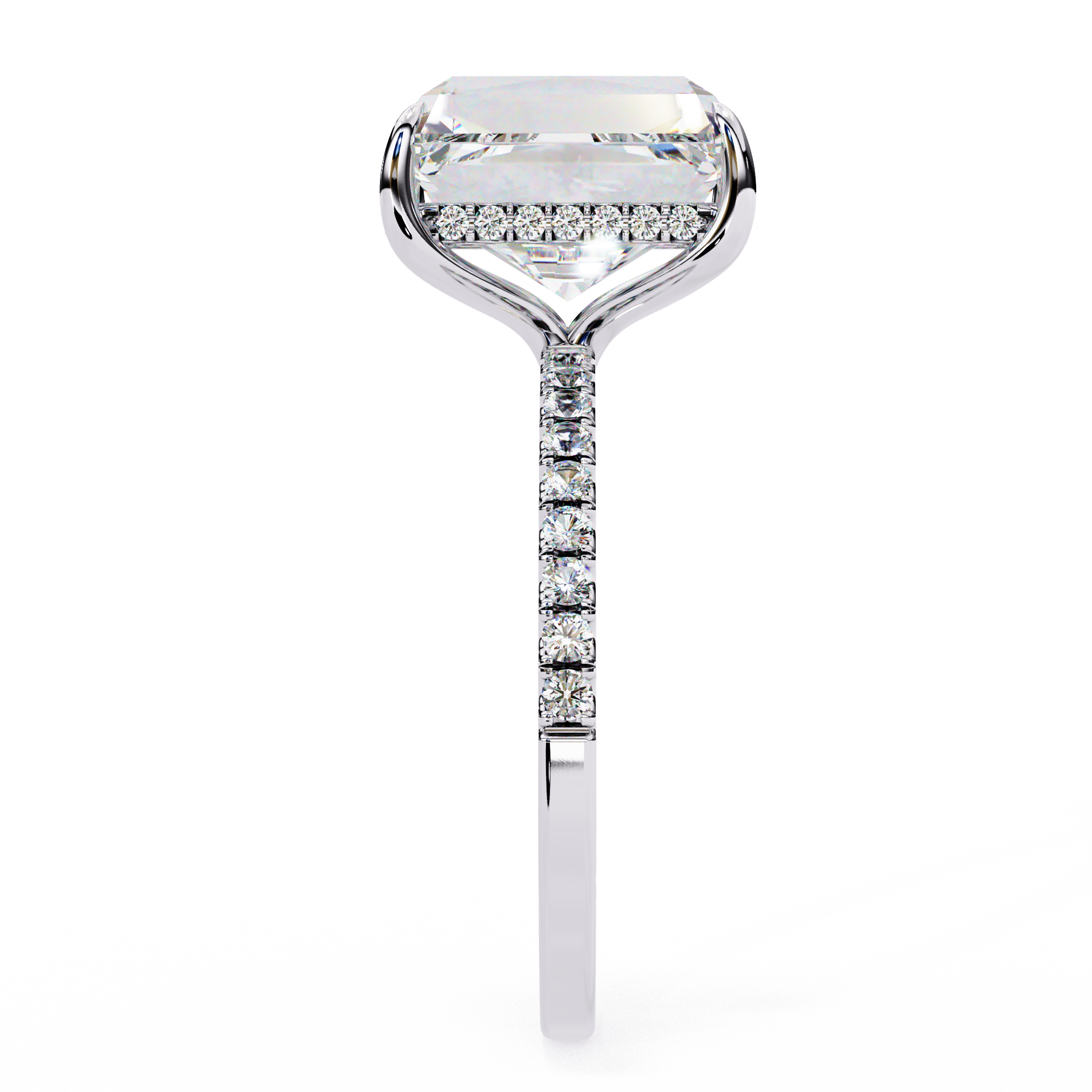 Emerald-Cut Diamond Ring with Hidden Halo and Side Diamonds