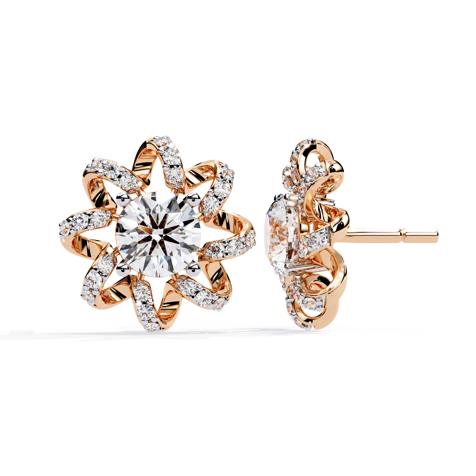 Elegant Floral Lab Grown Diamond Stud Earrings | 14K Rose Gold Flower Earrings