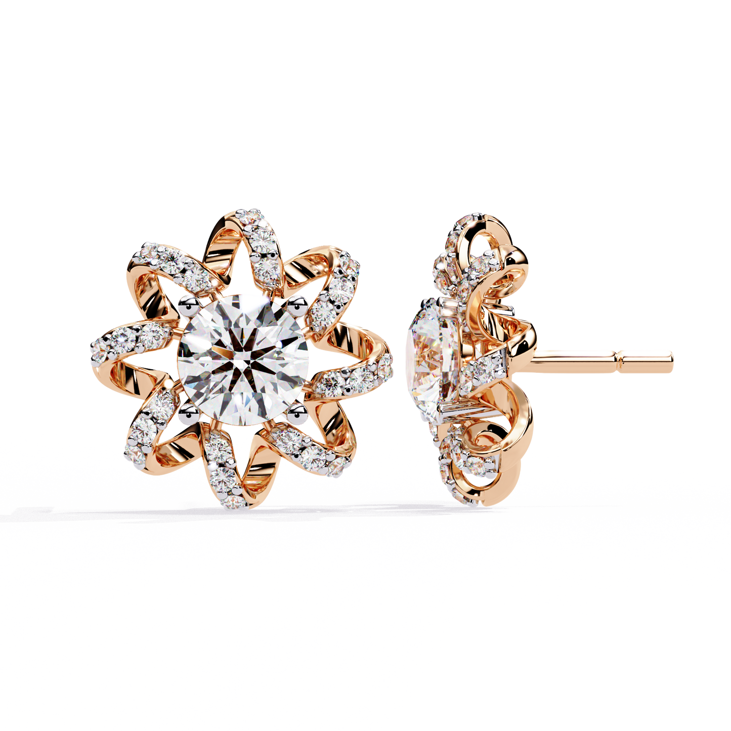 Elegant Floral Lab Grown Diamond Stud Earrings | 14K Rose Gold Flower Earrings