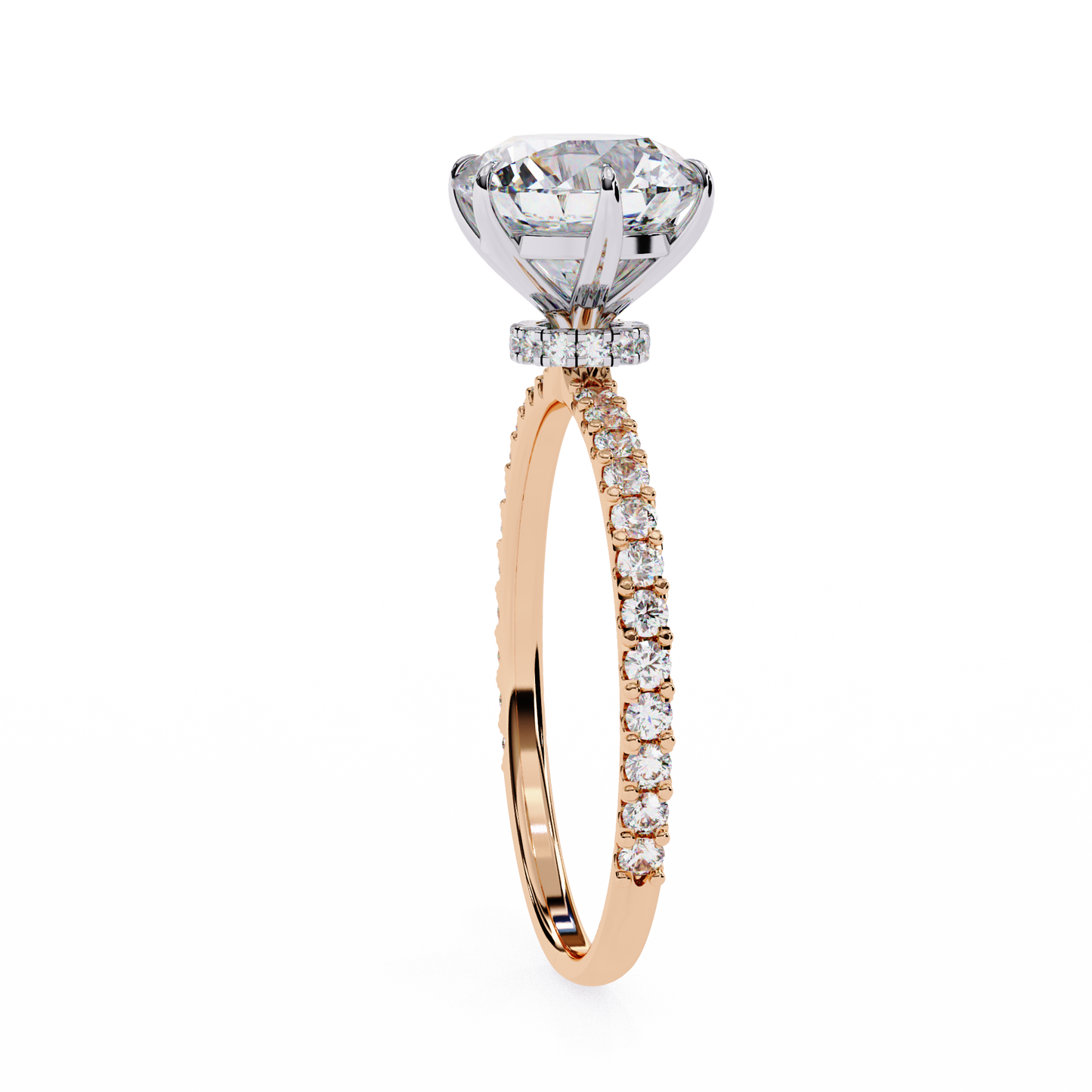 6 Prong Round Solitaire Diamond Ring With pave & under halo