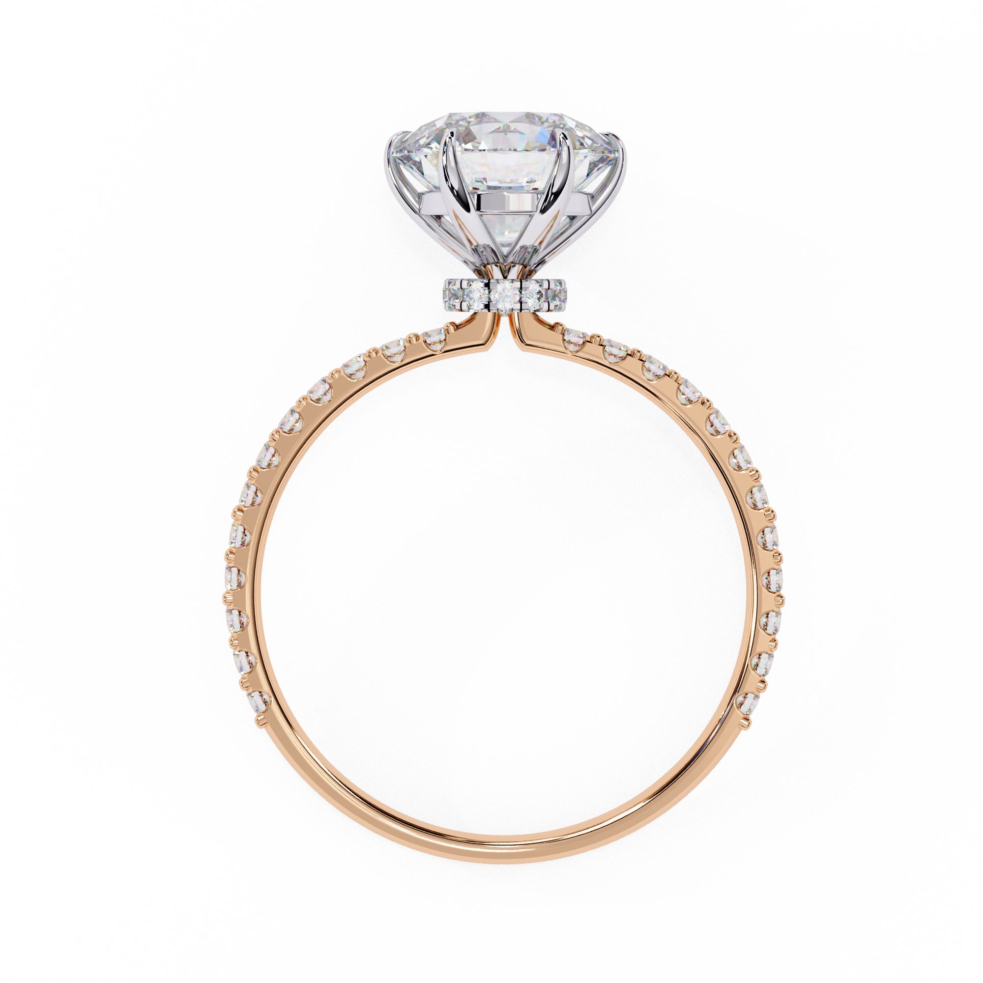 6 Prong Round Solitaire Diamond Ring With pave & under halo