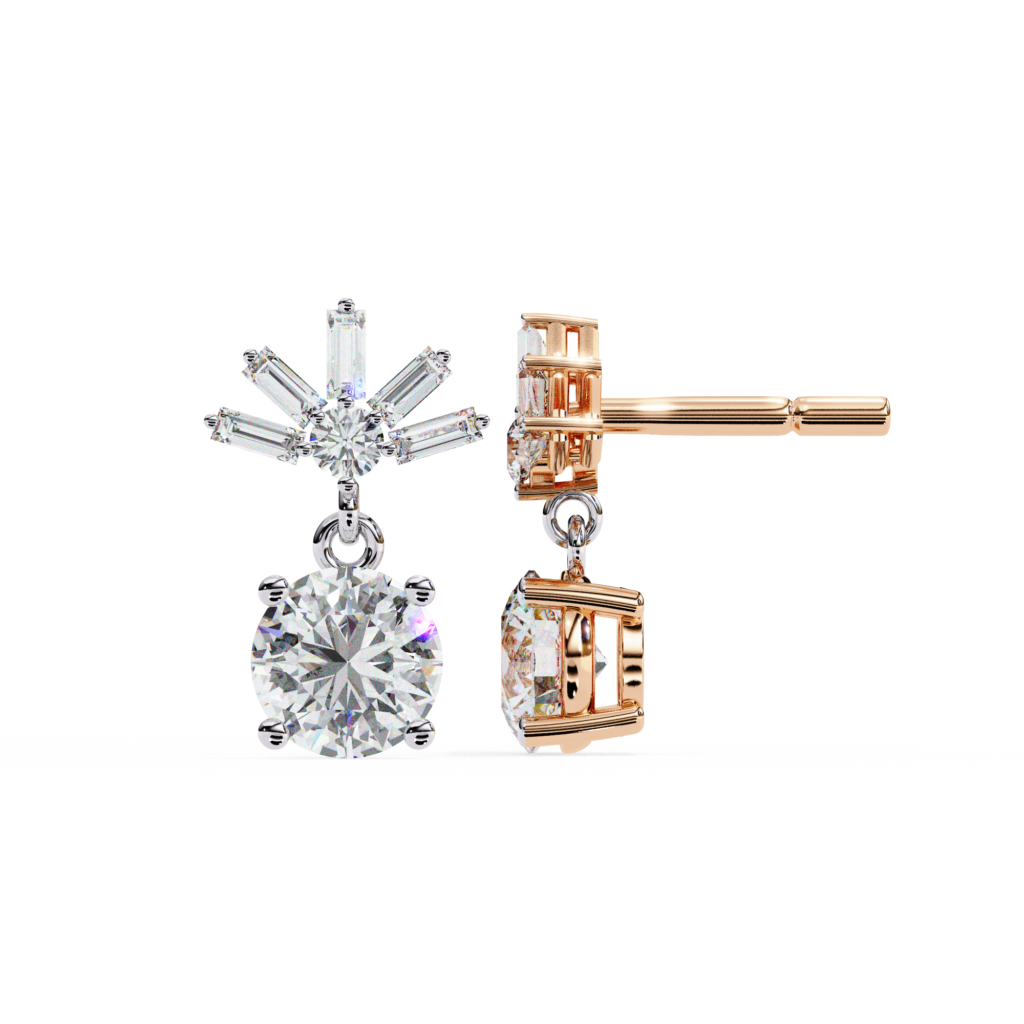 Baguette Accented Round Lab Grown Diamond Drop Earrings