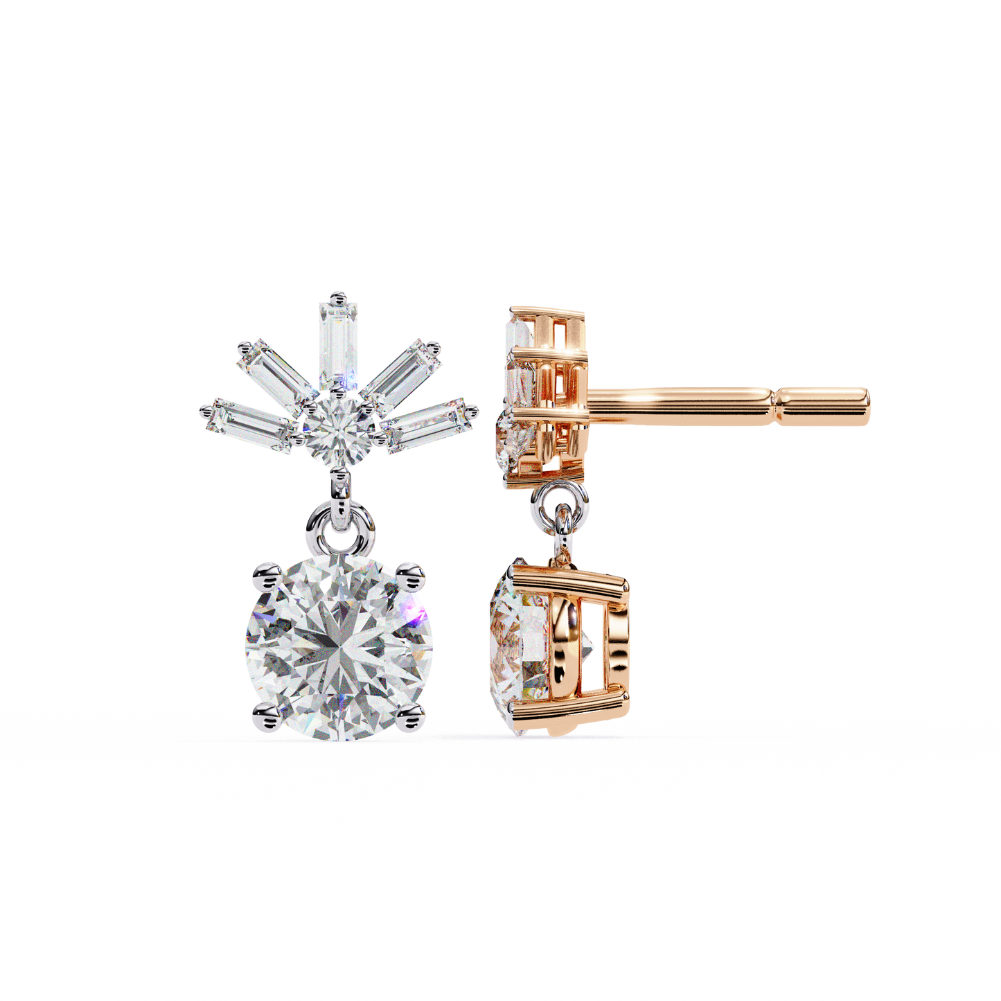 Baguette Accented Round Lab Grown Diamond Drop Earrings