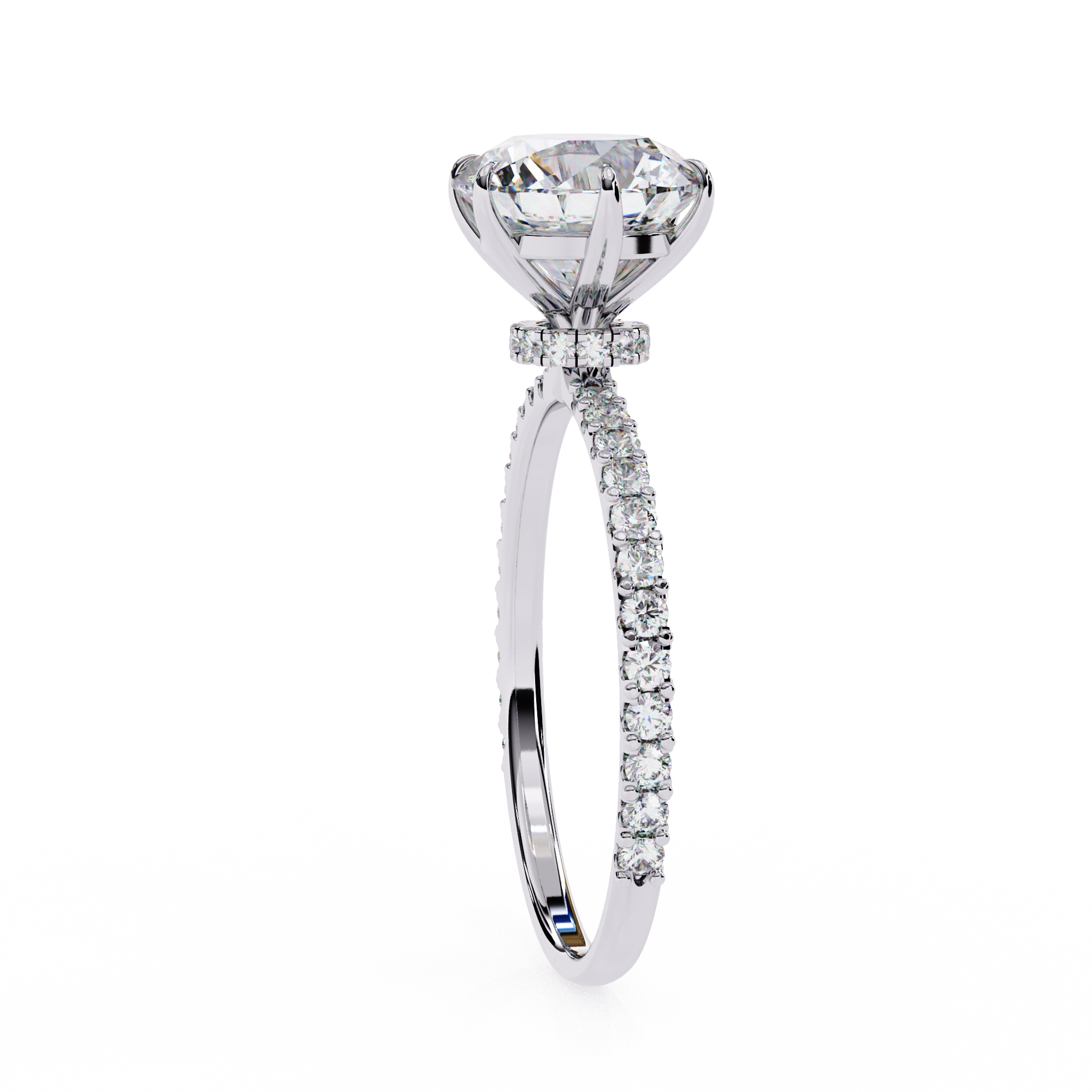 6 Prong Round Solitaire Diamond Ring With pave & under halo