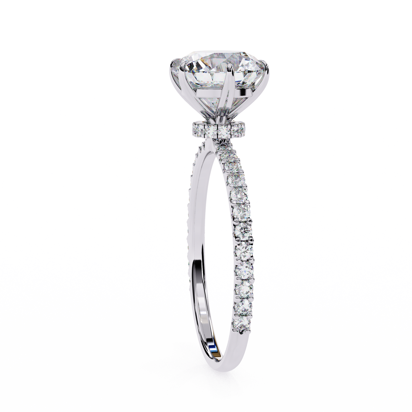 6 Prong Round Solitaire Diamond Ring With pave & under halo