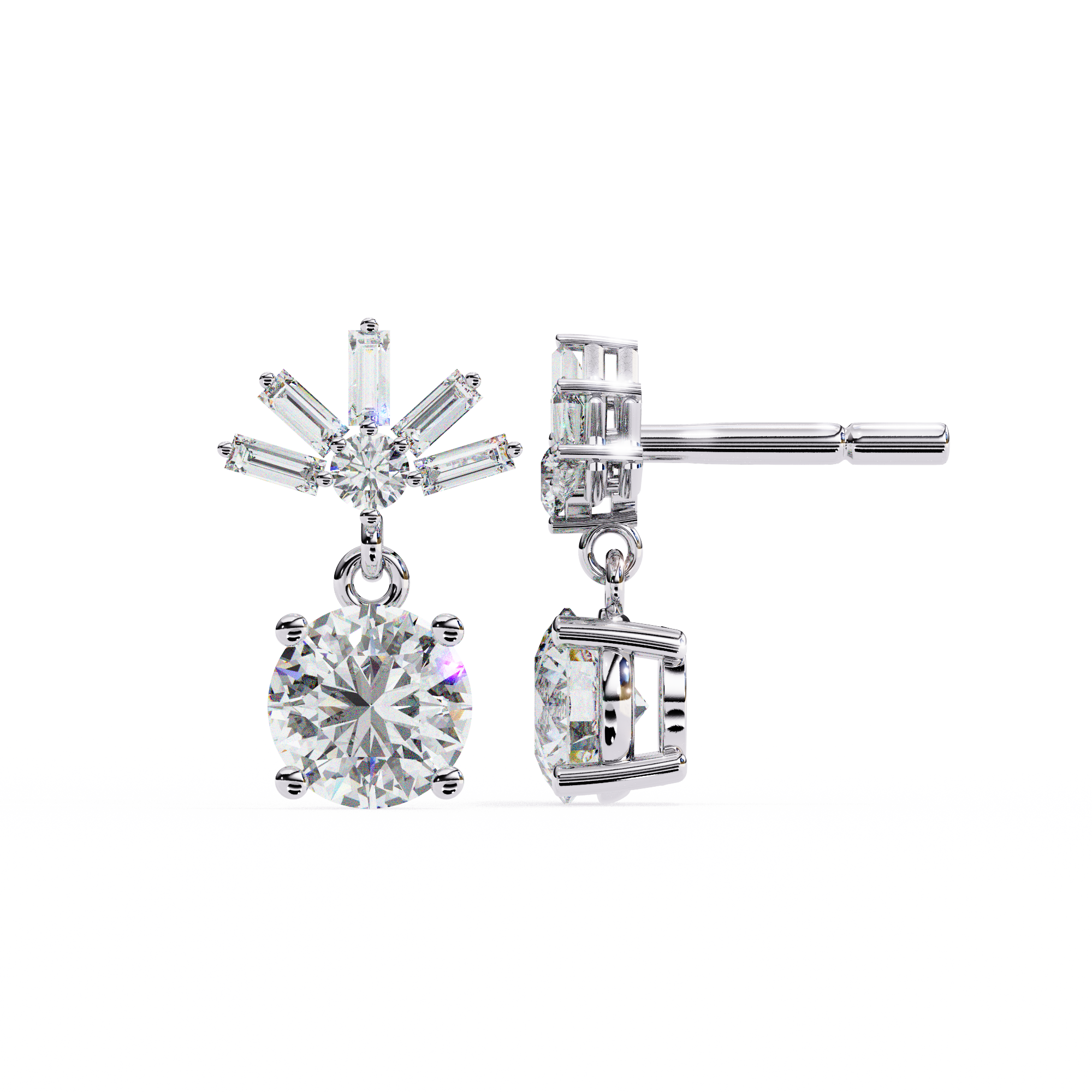Baguette Accented Round Lab Grown Diamond Drop Earrings