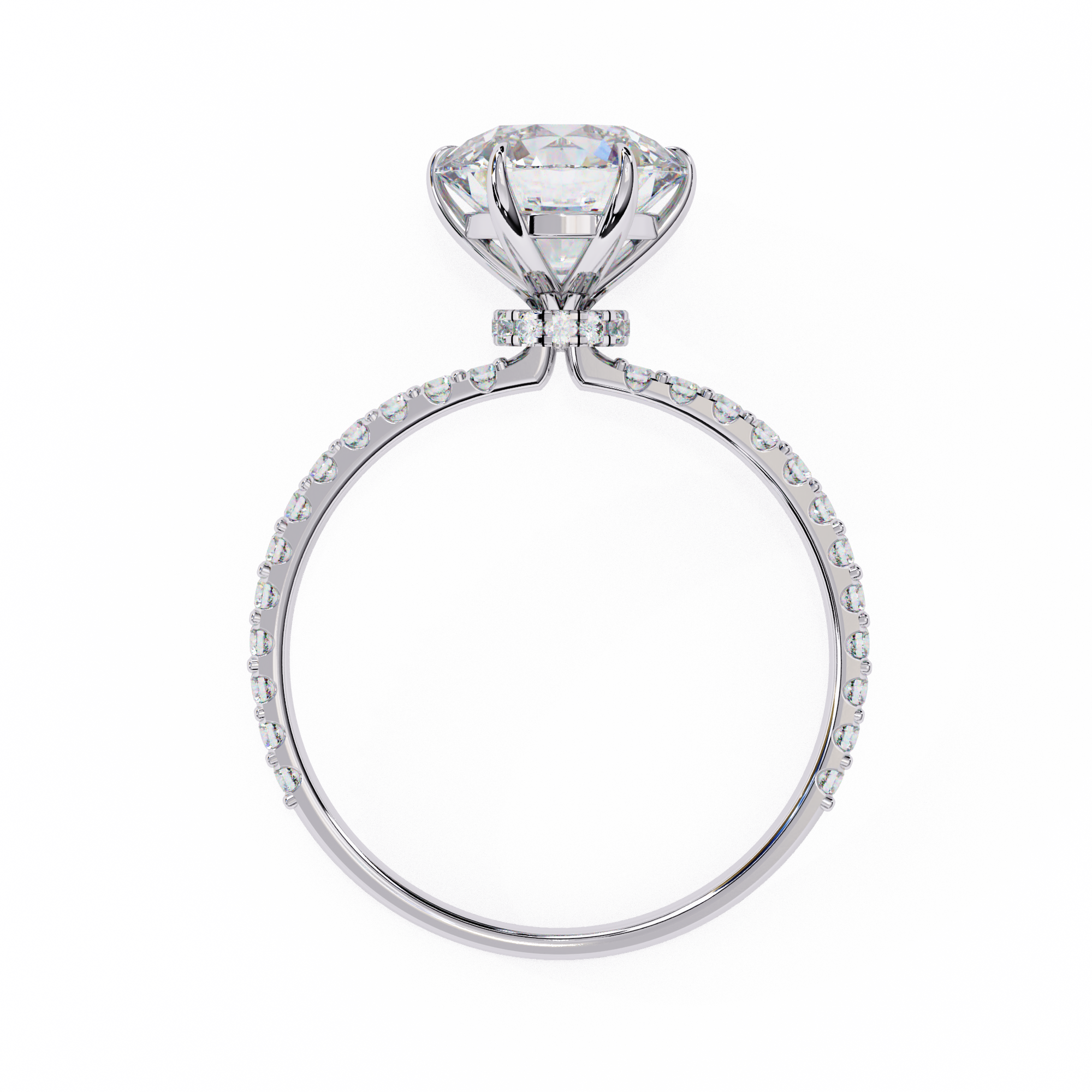6 Prong Round Solitaire Diamond Ring With pave & under halo