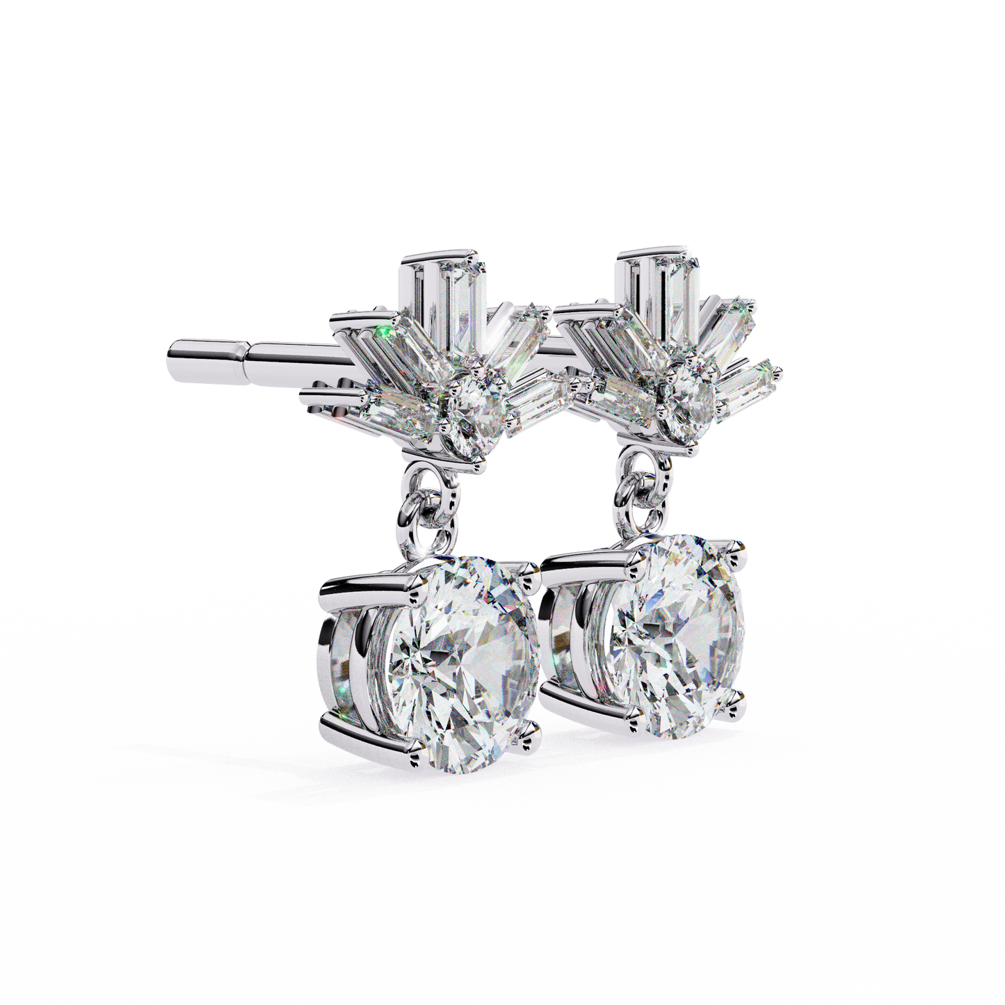 Baguette Accented Round Lab Grown Diamond Drop Earrings
