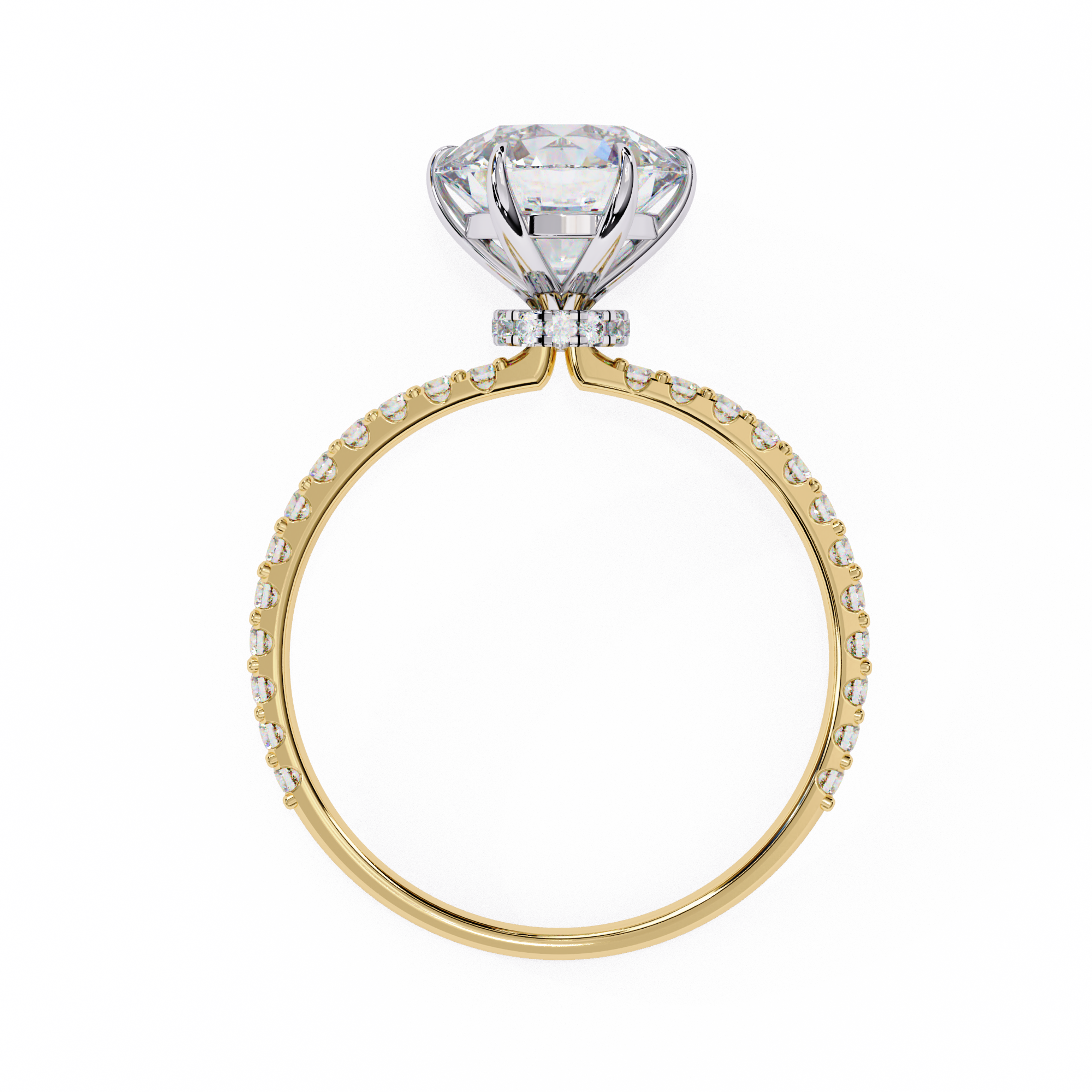 6 Prong Round Solitaire Diamond Ring With pave & under halo