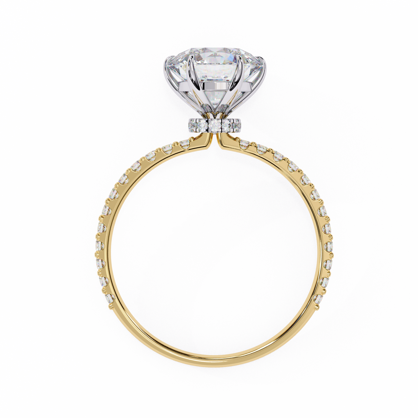 6 Prong Round Solitaire Diamond Ring With pave & under halo