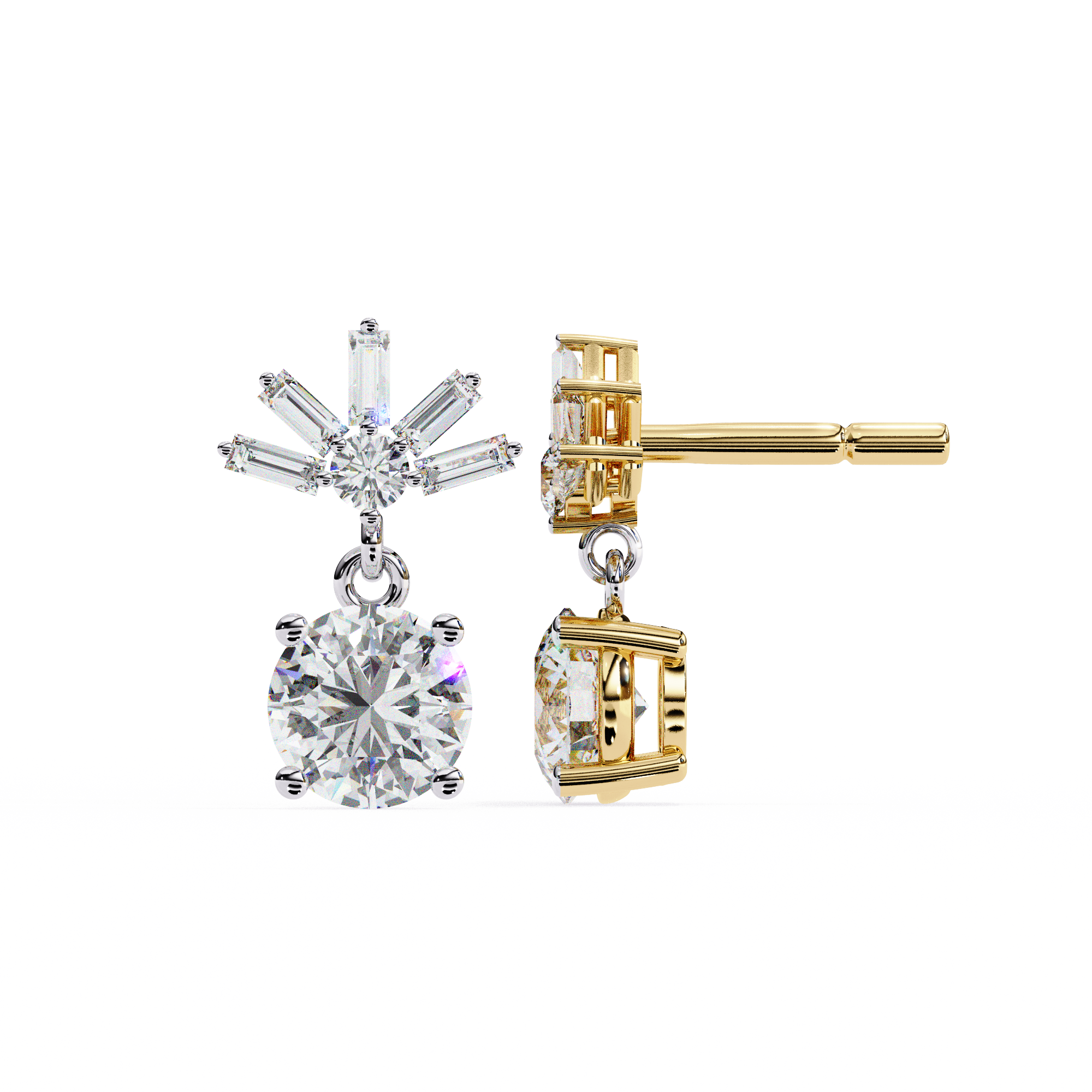 Baguette Accented Round Lab Grown Diamond Drop Earrings