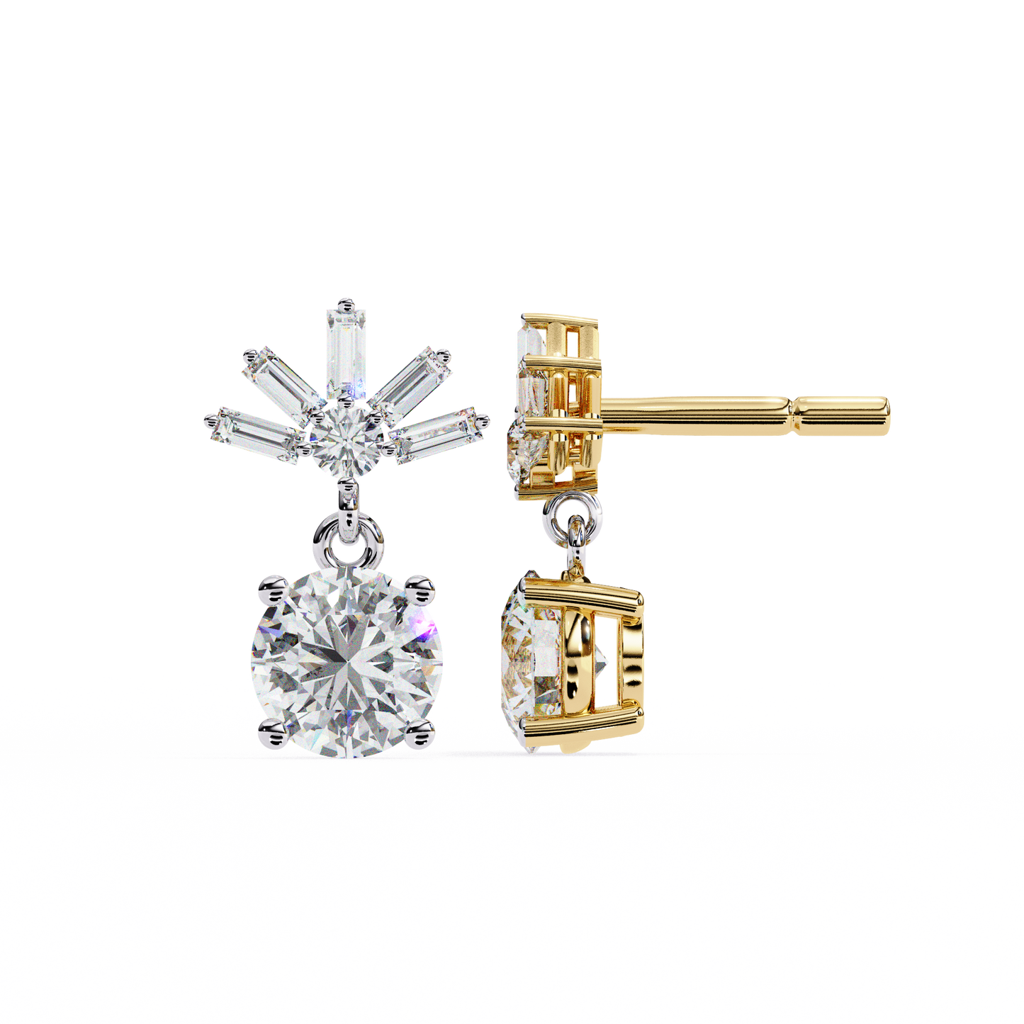 Baguette Accented Round Lab Grown Diamond Drop Earrings
