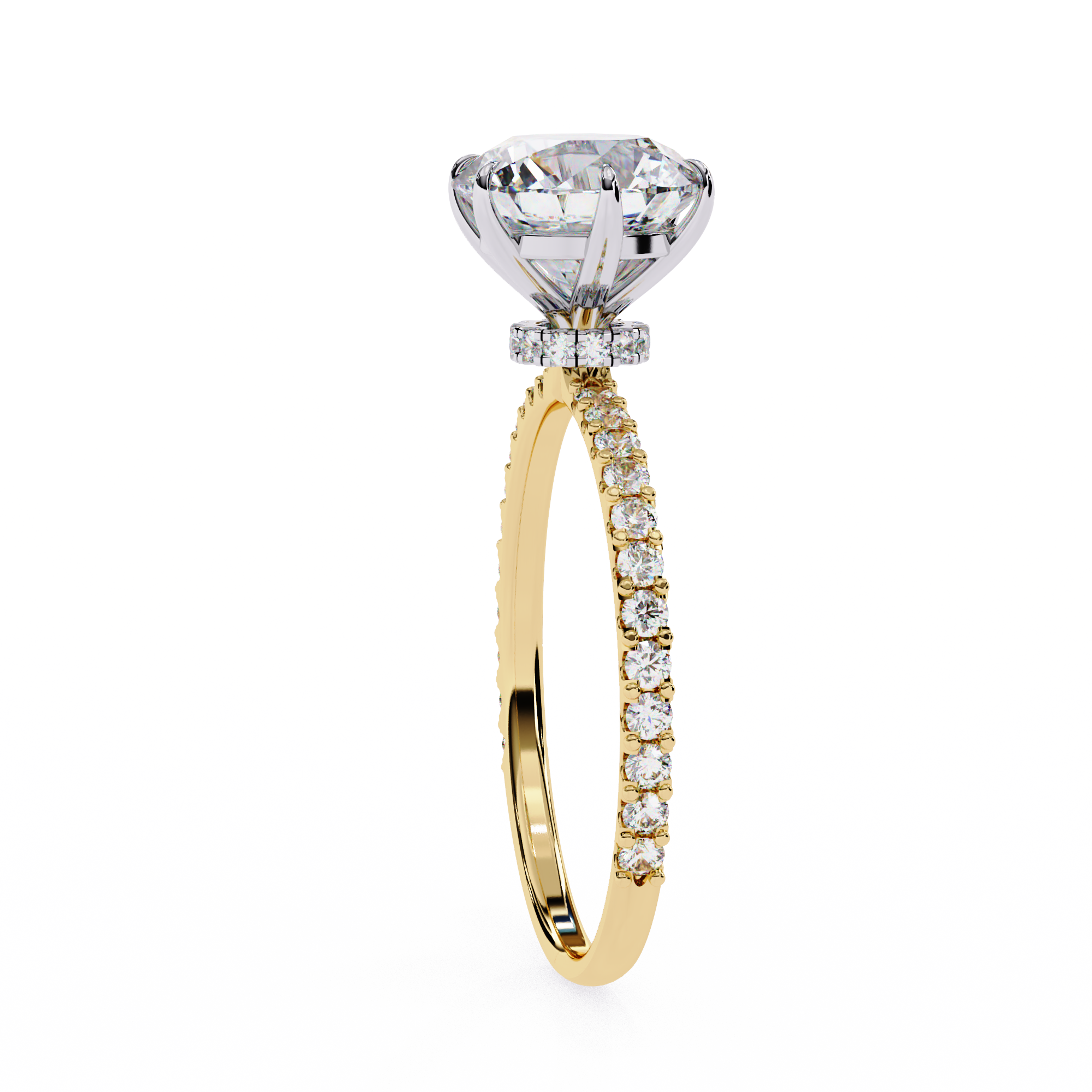 6 Prong Round Solitaire Diamond Ring With pave & under halo