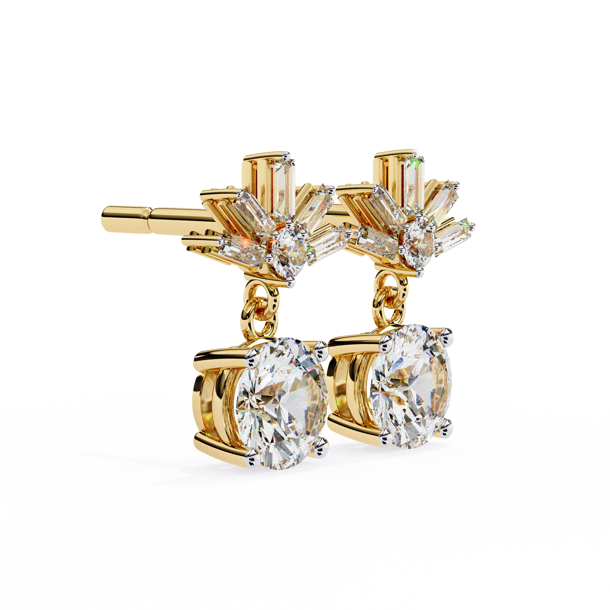 Baguette Accented Round Lab Grown Diamond Drop Earrings