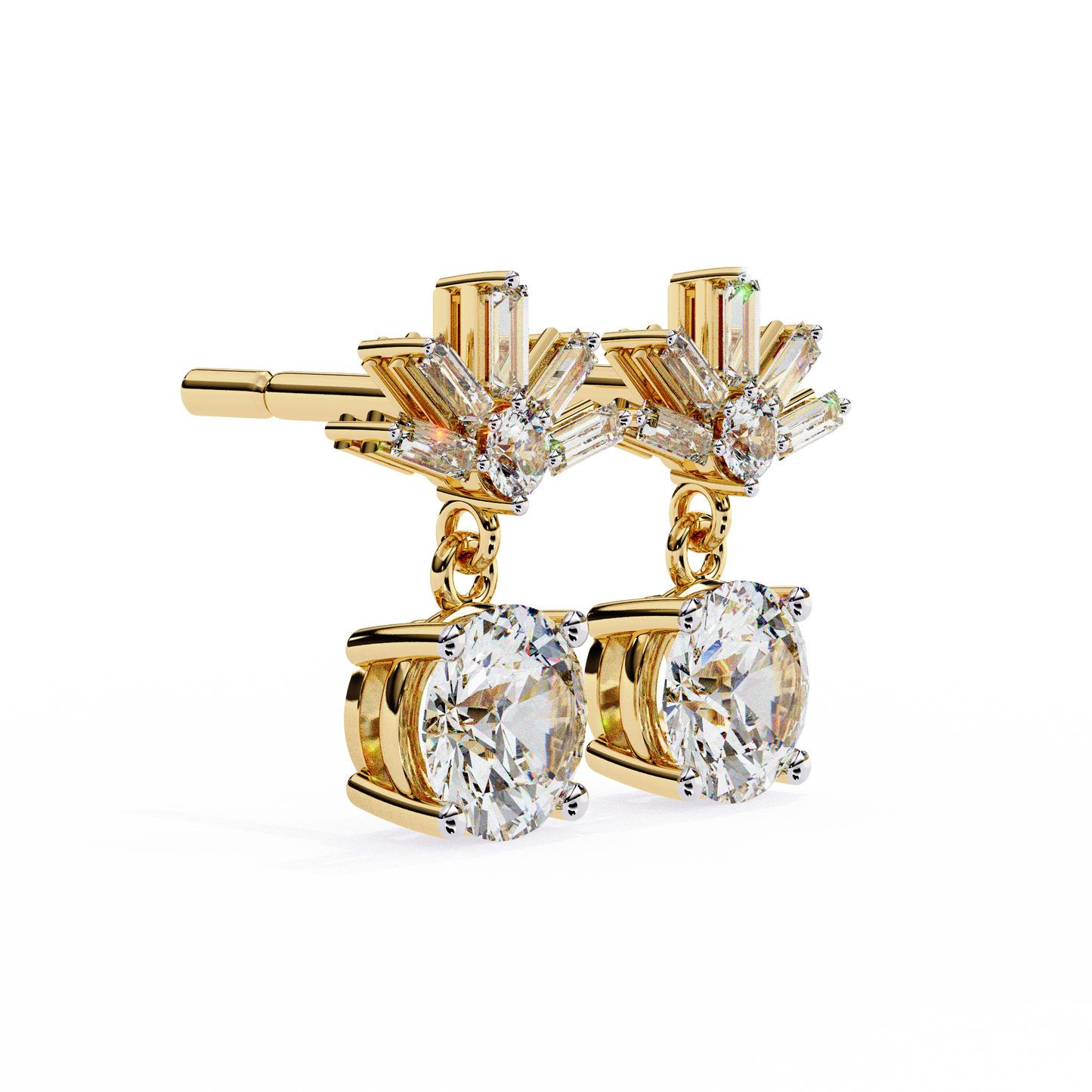 Baguette Accented Round Lab Grown Diamond Drop Earrings