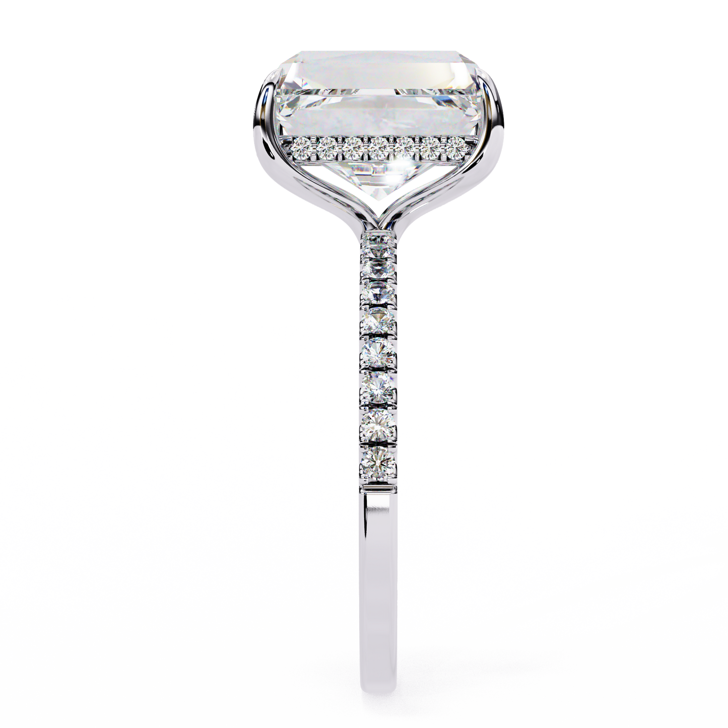 Emerald-Cut Diamond Ring with Hidden Halo and Side Diamonds