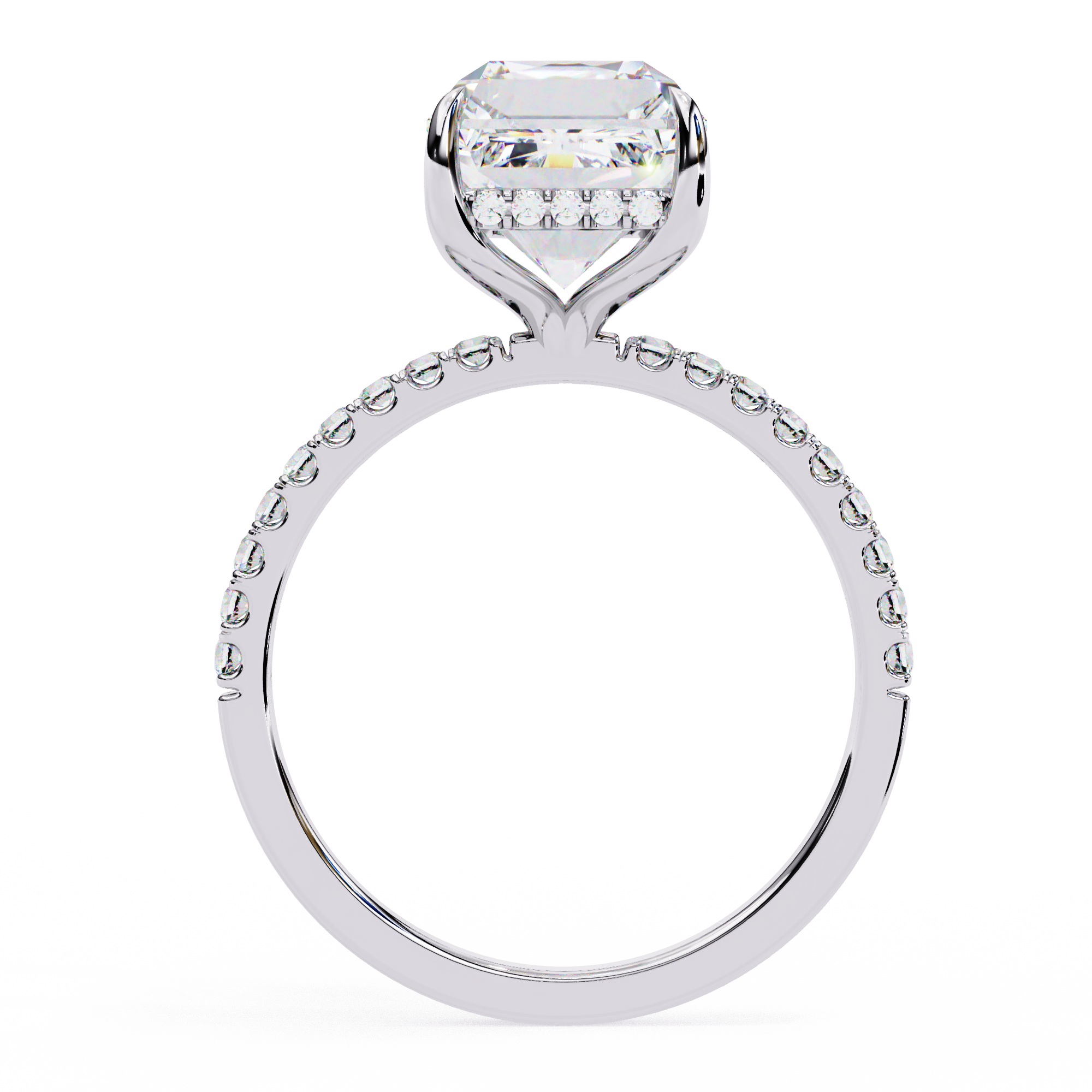 Emerald-Cut Diamond Ring with Hidden Halo and Side Diamonds